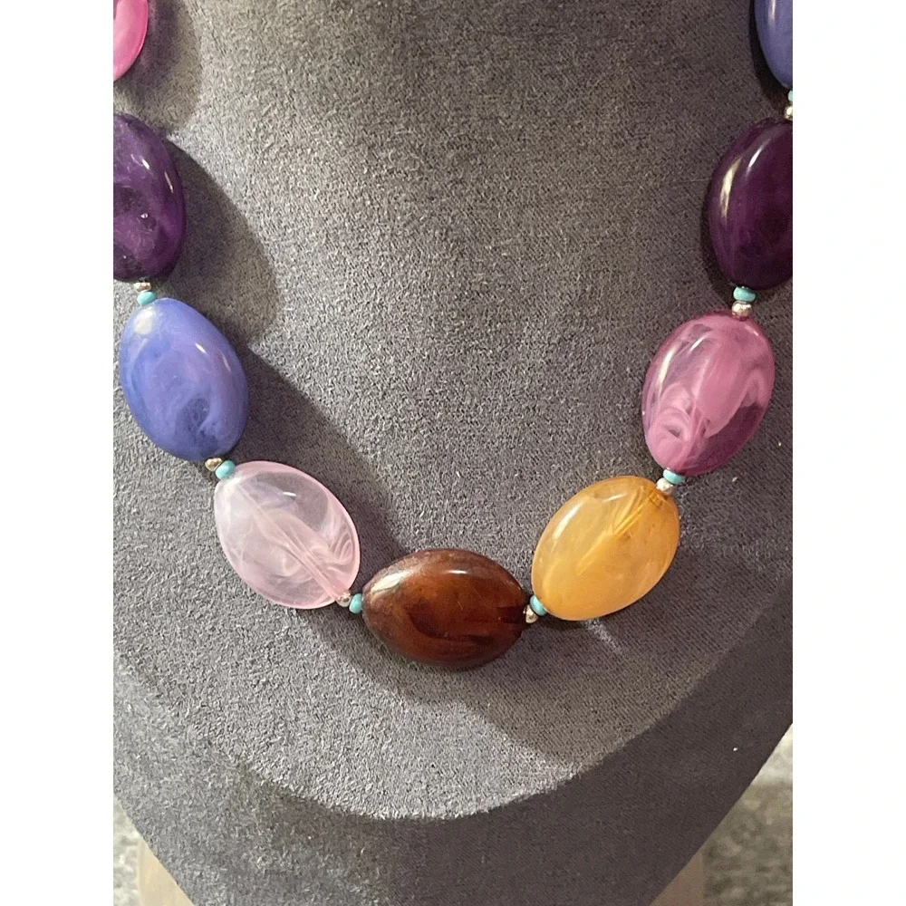 Multi Color Resin Oval Bead Necklace Boho Statement Adjustable Silver Tone Clasp